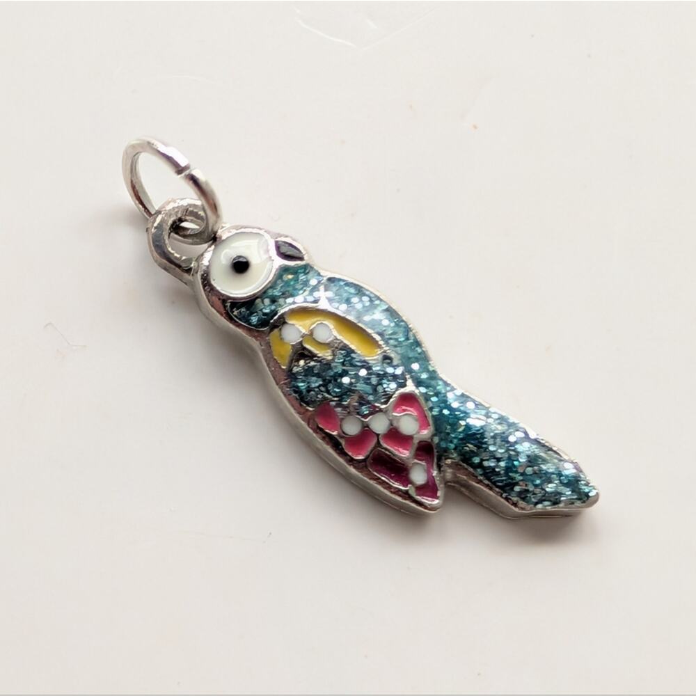 Vintage Silver Tone Glitter Enamel Tropical Parrot Bird Mini Pendant Charm